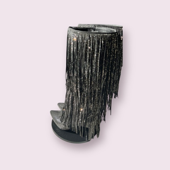 INC International Concept Ishani Black‎ Rhinestone Studded Fringe Boot Size 8M - Picture 9 of 14